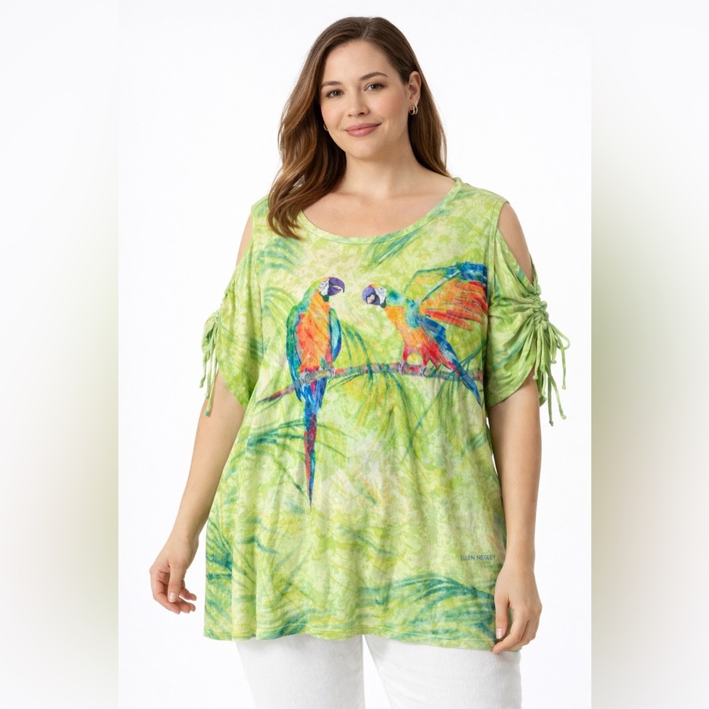Ellen Negley Art & Sol Parrot Print Tunic Top XXL Ruched Sleeve Cold Shoulder
